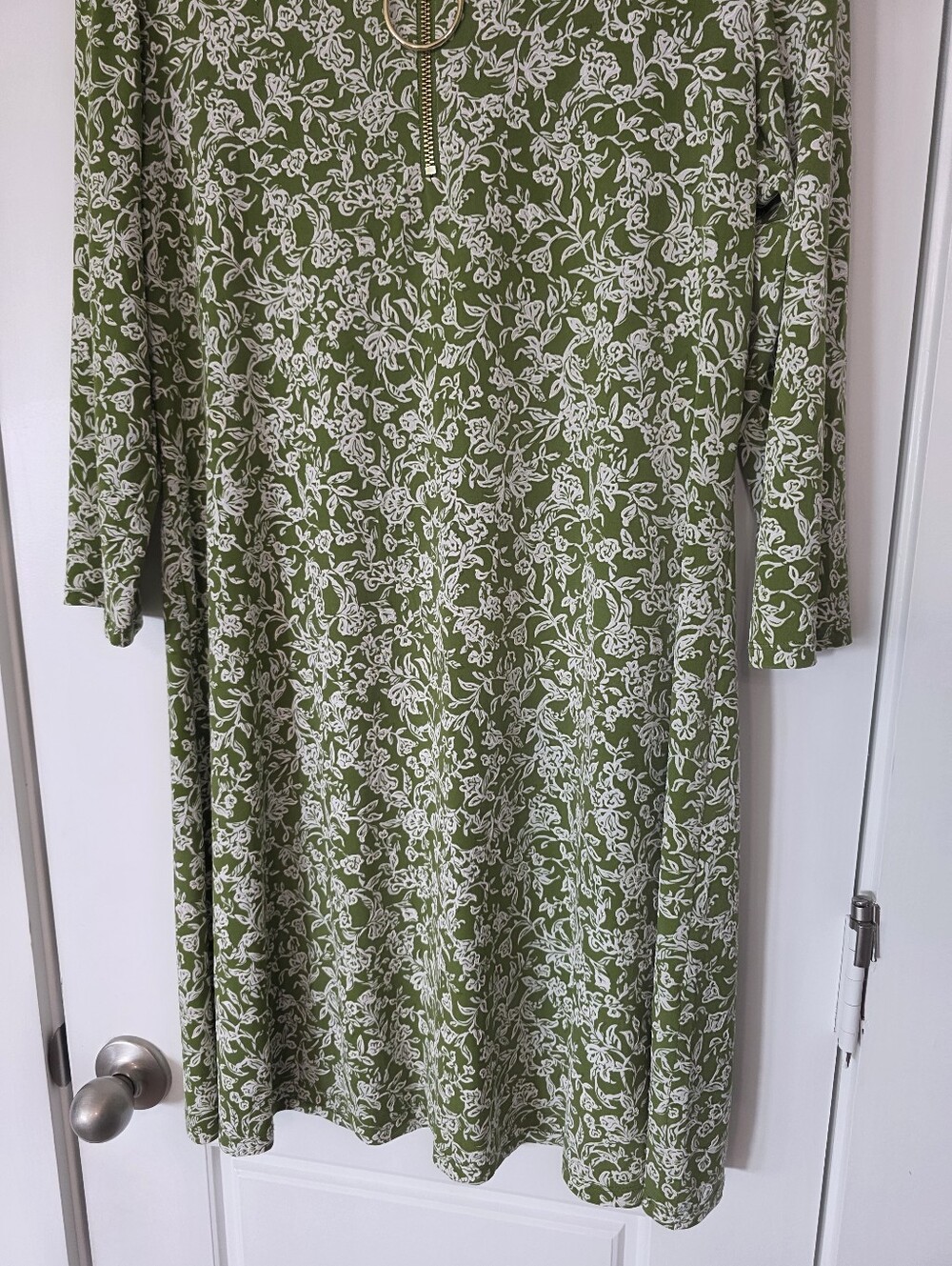 MSK Green White Floral Zip Front Collared Swing Dress Large Career Casual - Picture 4 of 8